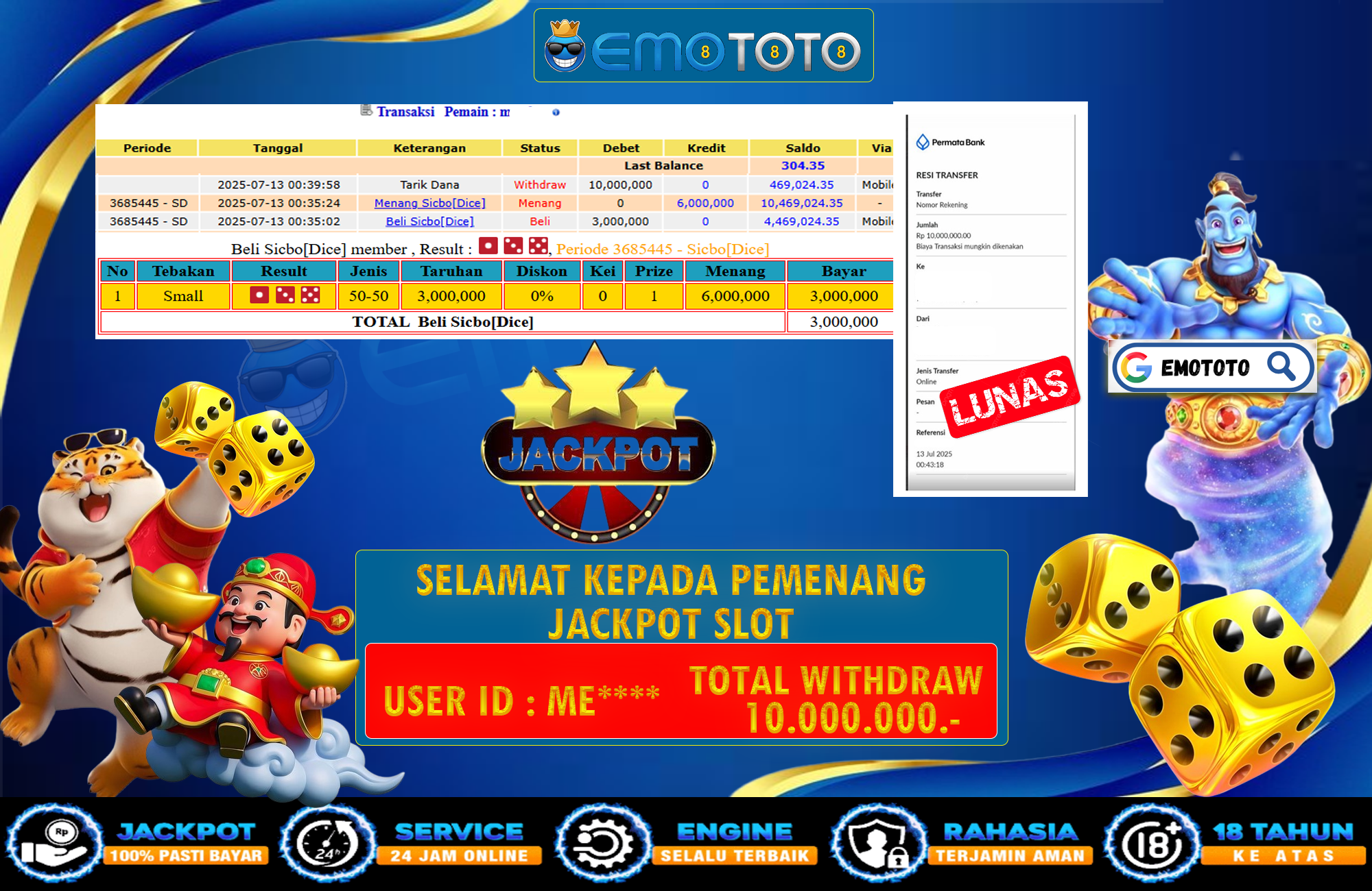 EMOTOTO : BUKTI JACKPOT MEMBER PERMAINAN LIVE GAMES CASINO (SICBO DICE ) RP 10.000.000 DI BAYAR LUNAS LANGSUNG KE REKENING MEMBER